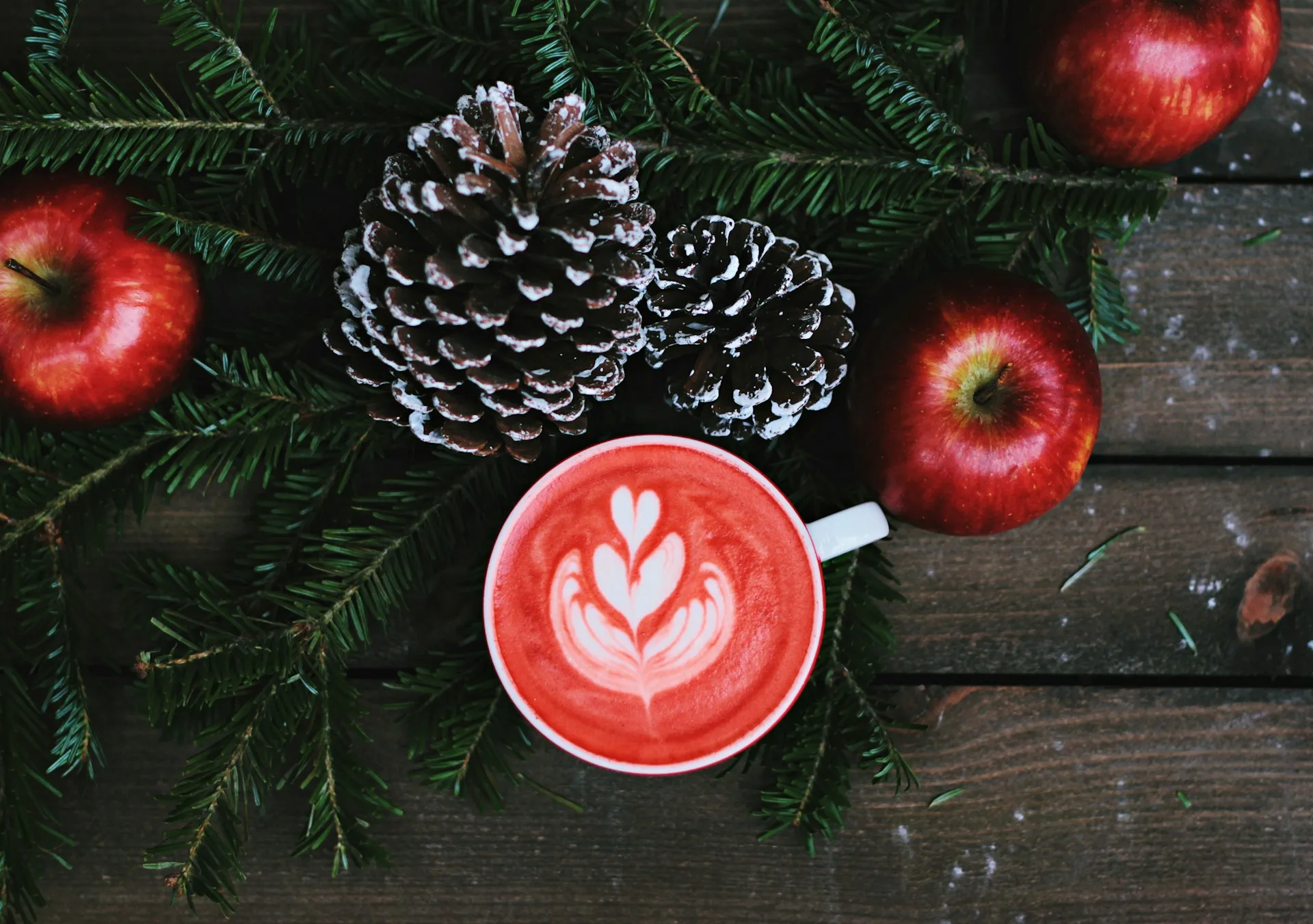 Cappuccino mit Latte Art in roter Tasse zwischen Tannenzweigen, Tannenzapfen und Äpfeln